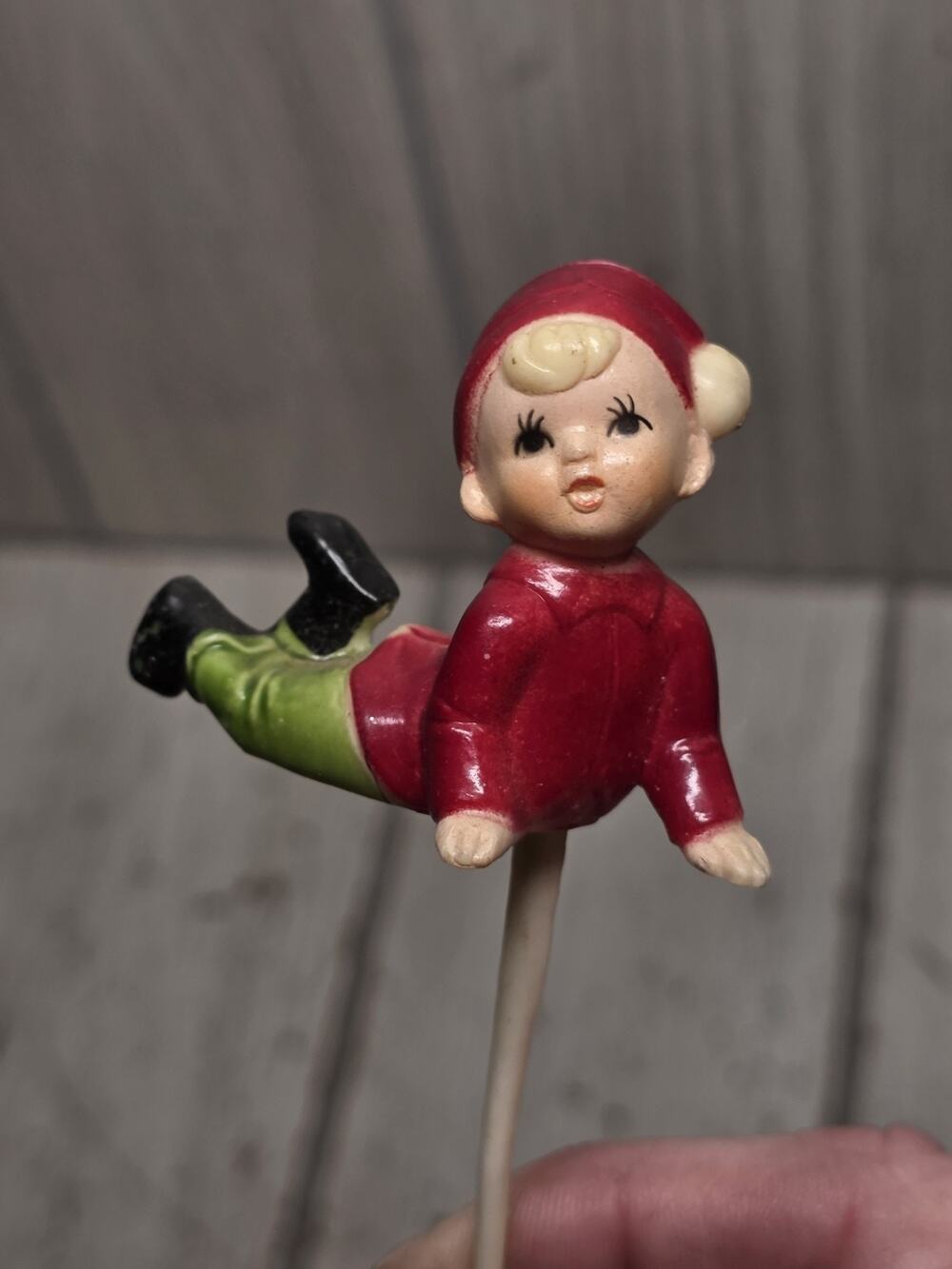 Vintage 50s Celluloid Plastic Pixie Boy Christmas Figure Straddle Legs MCM 2in